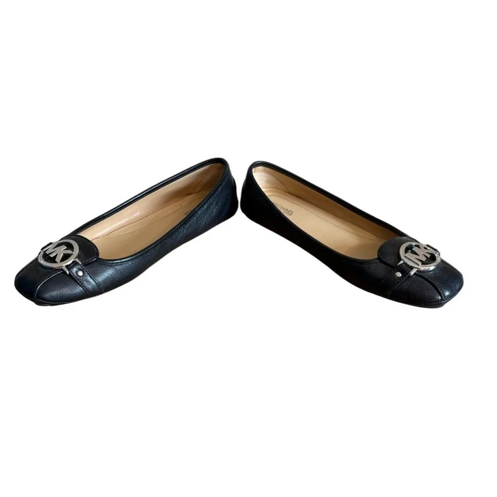 Michael Kors Fulton Moc Black Pebbled Leather Ballet Flats Silver MK Logo‎ Shoes